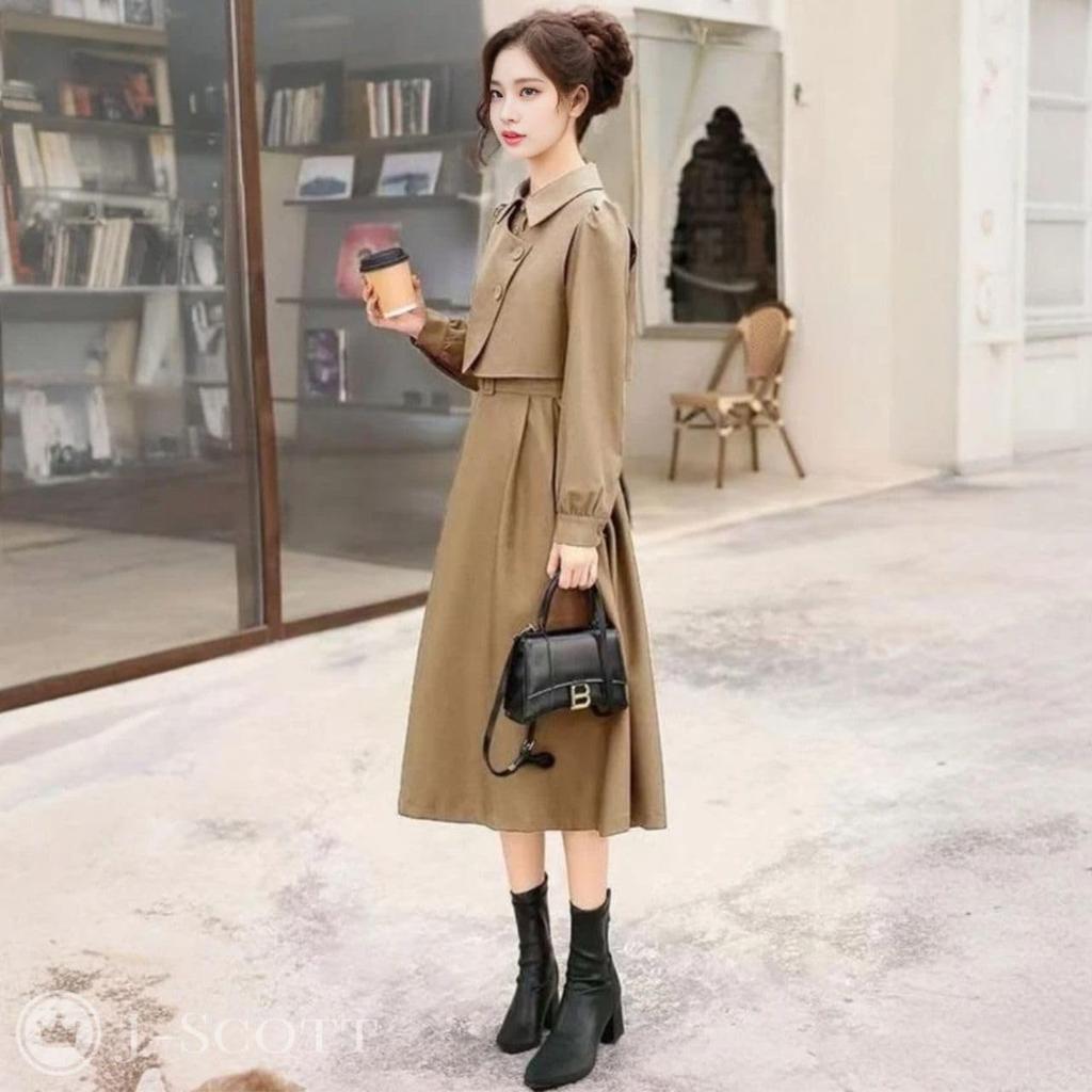 J-Scott Dress Set with Matching Vest and Belt, Flared, Long Sleeves, Midi Length, Perfect for Office Wear, Sepia and Chestnut Colors, JS57-BG-L