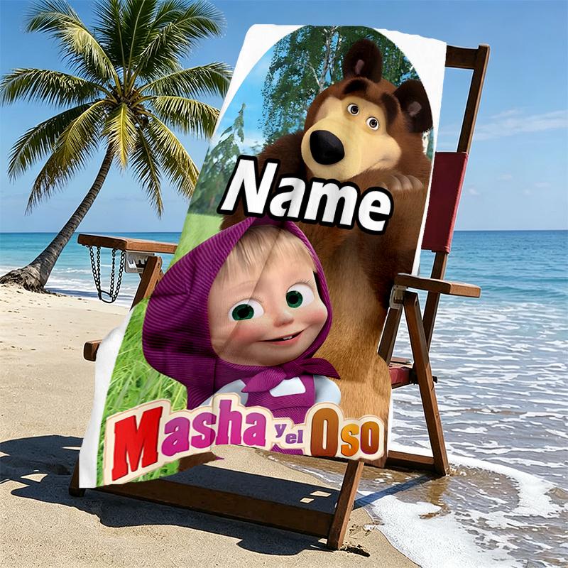 Asciugamano da Spiaggia Personalizzato con Nome Masha e Orso, per Viaggio Campeggio Festa in Spiaggia Decorazione Casa, Regalo di Compleanno per Famiglia e Amici