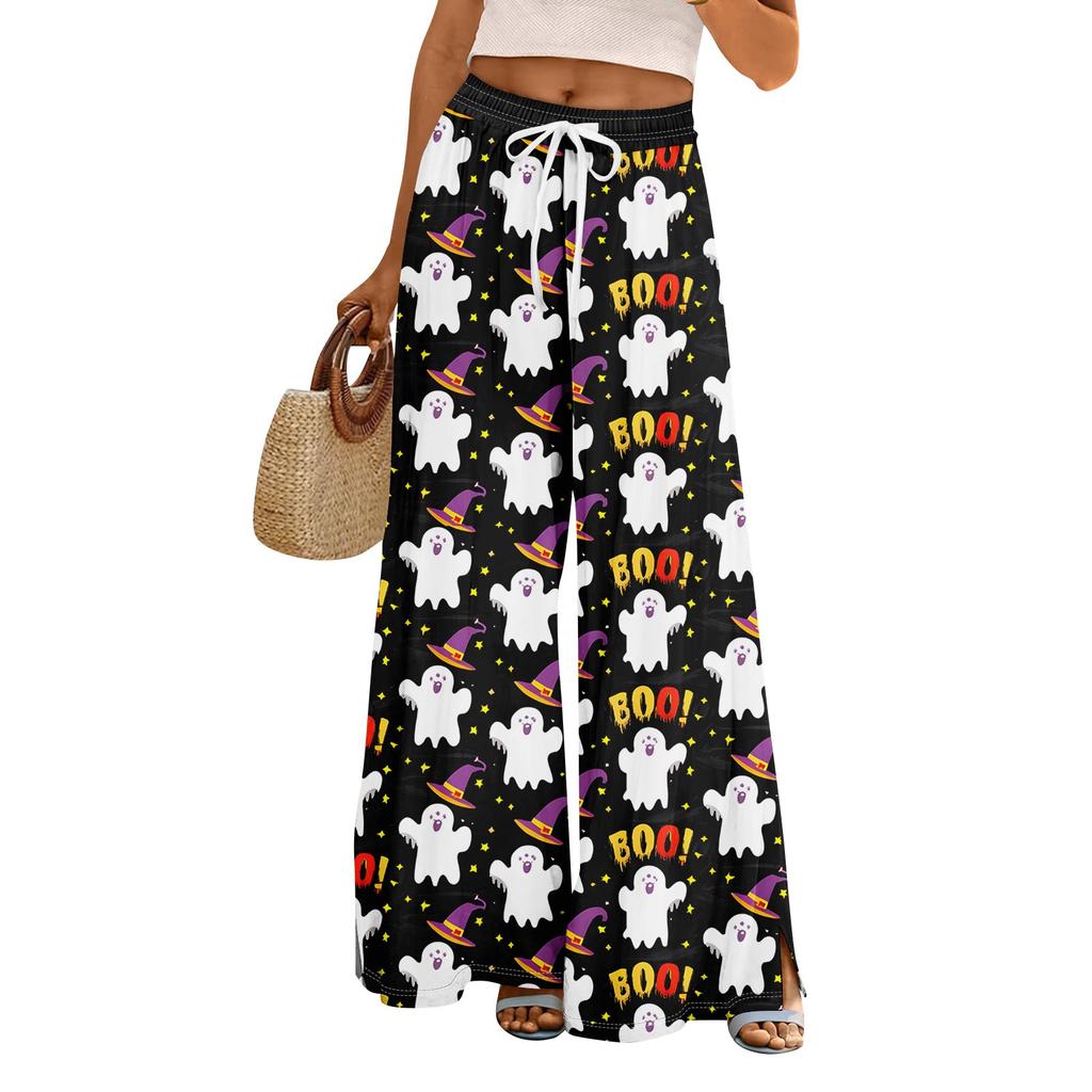 Women Summer Boho Palazzo Pants High Waist Wide Leg Halloween Printing Casual Trousers With Pockets