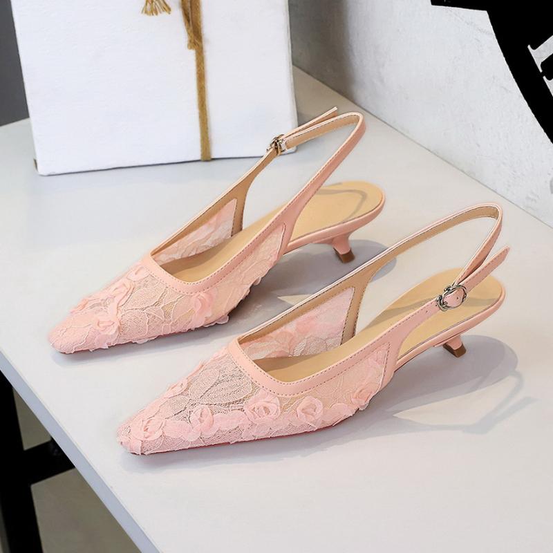 European Lace Mesh Thin Heel Low Heel Single Shoes For Women With One-Liner Straps To Cover The Head Hollow Pointy Women's Shoes