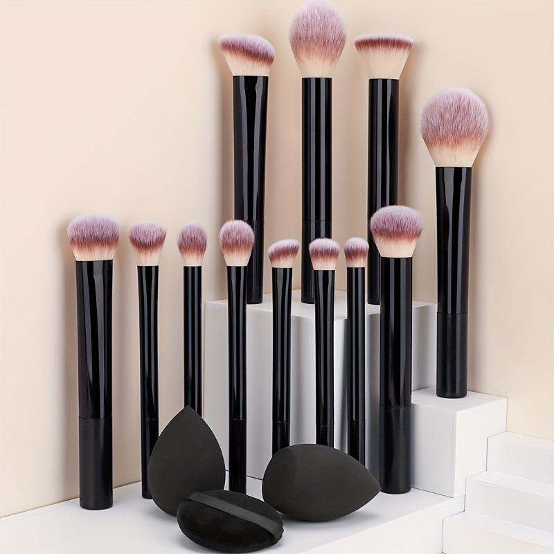 

12-Piece Classic Full Makeup Brush Set with Angled and Teardrop Blenders, 1 Powder Puff - Professional Application Tools, Nylon чёрный
