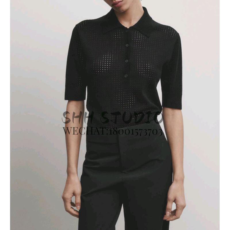 MD Spring New French Normcore Commute Style Hollow-out Short Polo Sweater with Short Sleeves Knitwear 5609620