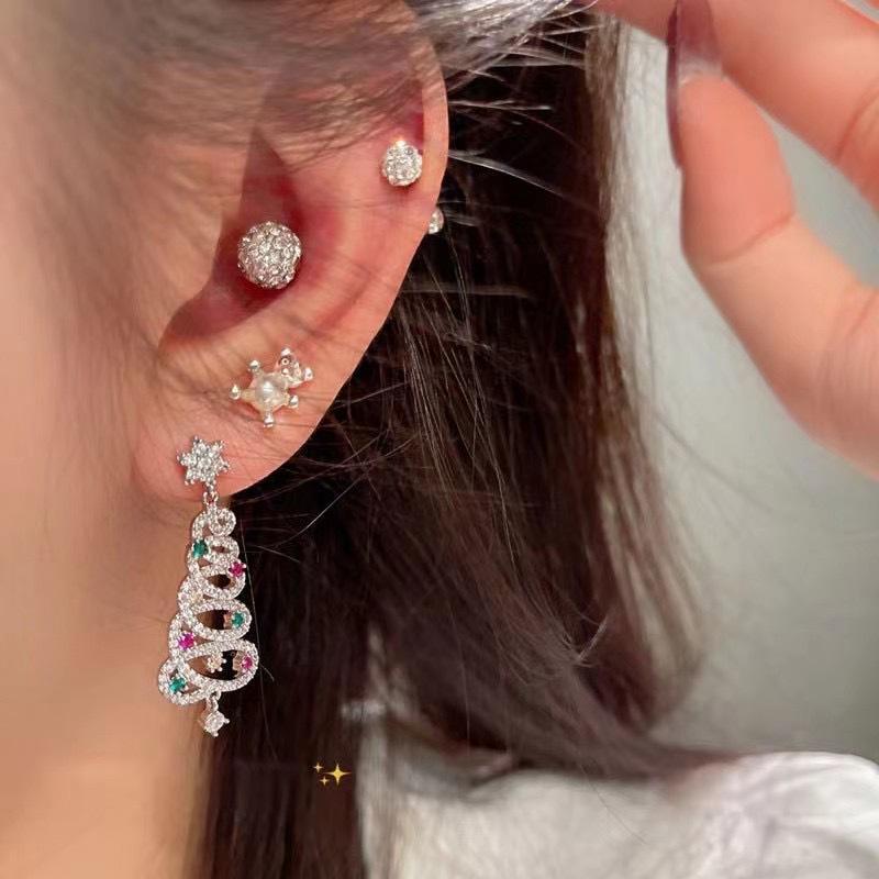 Christmas Earrings Colorful Zircon Micro-Inlaid Christmas Tree Delicate Girl Silver Stud Earrings Women