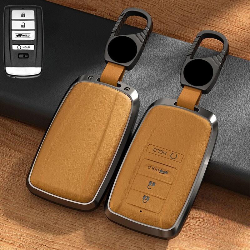 Aluminum Alloy Leather Car Smart Remote Key Fob Case Cover Holder Bag With Keychain For Acura CDX TLX RLX RDX MDX ILX 2016-2020