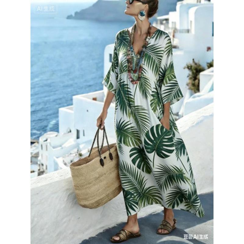 New retro ethnic style geometric rhombus print dress V-neck flared mid-sleeved pocket loose holiday dress