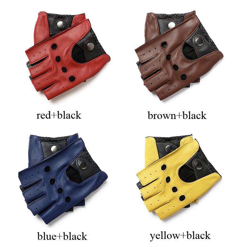 100% Genuine Leather Half-Finger Gloves for Men, Made from Genuine Sheepskin, Red/Brown/Blue, for Driving and Riding,