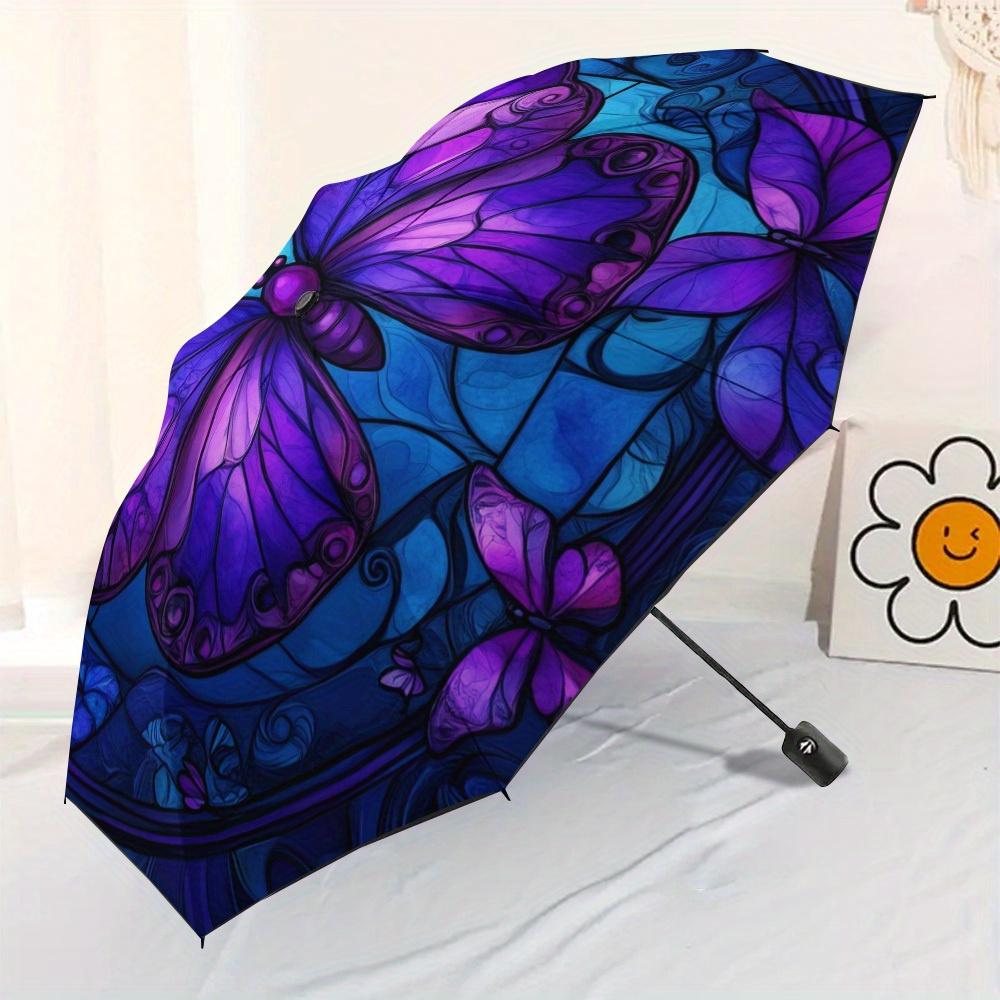 1pc Open/Close Blocking Umbrella with Glow-in-the-Dark Purple Butterfly & Blue Stained--like pattern, 8-Rib Heavy-Duty Frame,