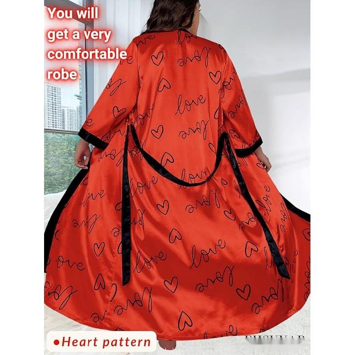 Women's Plus Size Valentines Robe, Sexy Satin Robe Long Sleepwear