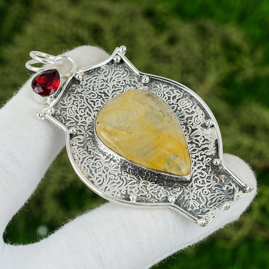 

Golden Rutile Stone Mozambique Garnet Bezel Boho Elegant Pendant Sterling Silver