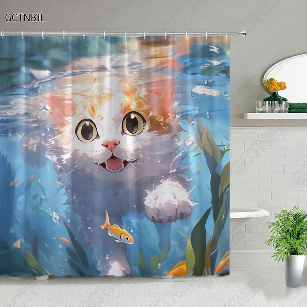 Cat Dog Cow Shower Curtain Set Cute Animal Bathroom Curtains Fabric Christmas Home Bathroom Decor Bathroom Accessories Set