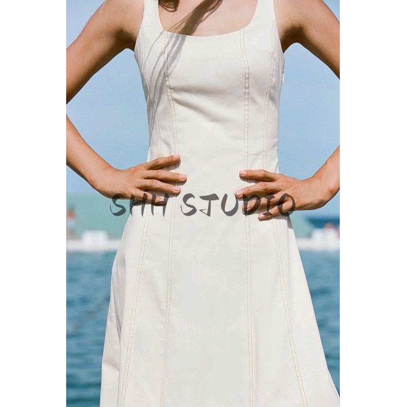 Spring Contrast Color Thread Decoration A- line Hem Open Line Design round Neck Midi Dress 0779075
