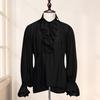 Men Shirt Medieval Ruffle Long Sleeves Color Lace-up Sleeves Strap Puff Solid Pleated Loose Lapel Vintage Halloween Party Cosplay