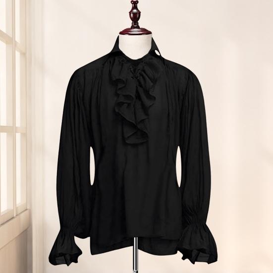 Men Shirt Medieval Ruffle Long Sleeves Color Lace-up Sleeves Strap Puff Solid Pleated Loose Lapel Vintage Halloween Party Cosplay