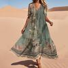 Women's Summer Fashion V-Neck Beach Long Dress Vintage Floral Printed Lace-Up Splicing Dresses
