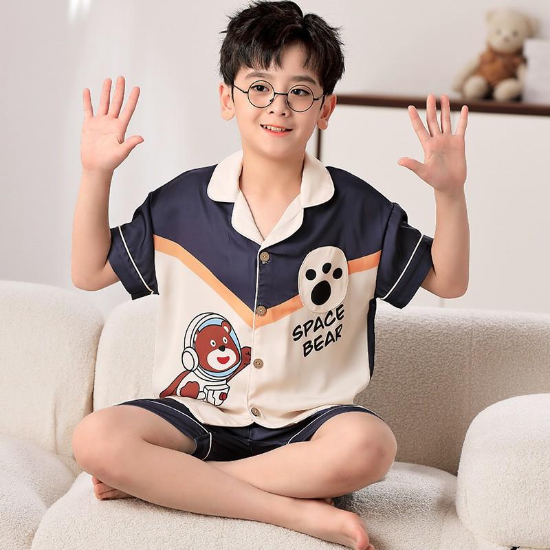 Boys Pajama Set Ice Silk Short Sleeve Cartoon Sleepwear Kids 8 Years Home Loungewear