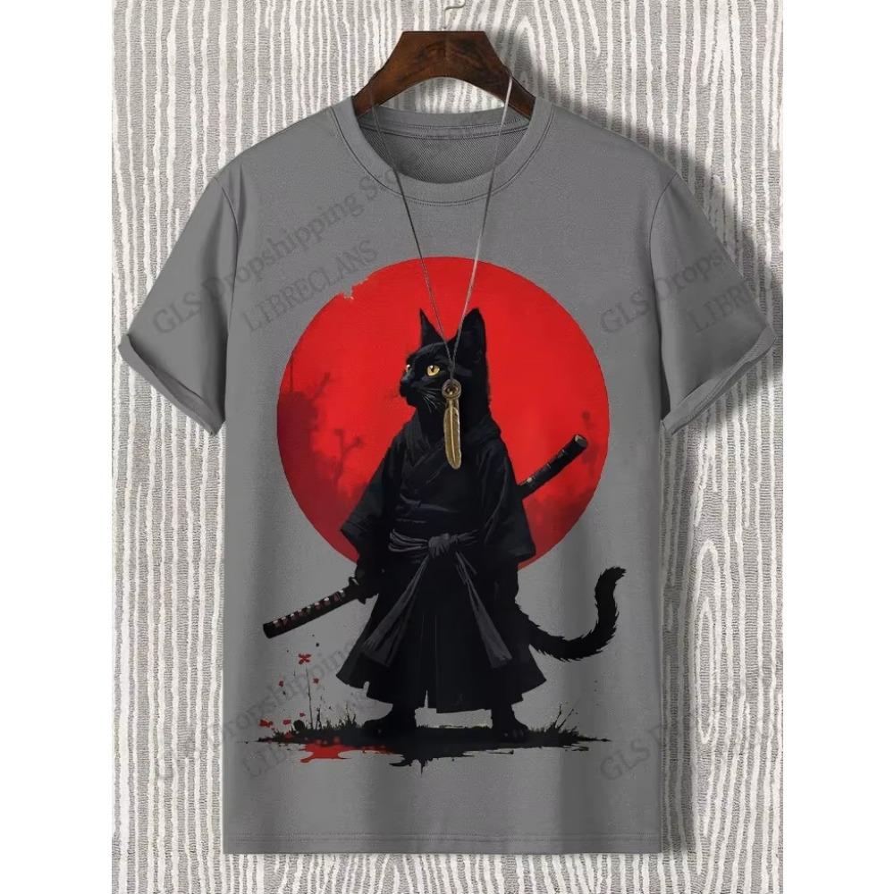Novas Camisetas com Estampa 3D de Gato Samurai Japonês para Homens Mulheres Camiseta Casual de Manga Curta Top Harajuku Roupa Streetwear