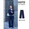 Womens Navy Blue Hooded Sweatshirt Set Casual Korean Style 3-Piece Outfit With Long Sleeve Top Straight Leg Pants Base Layer