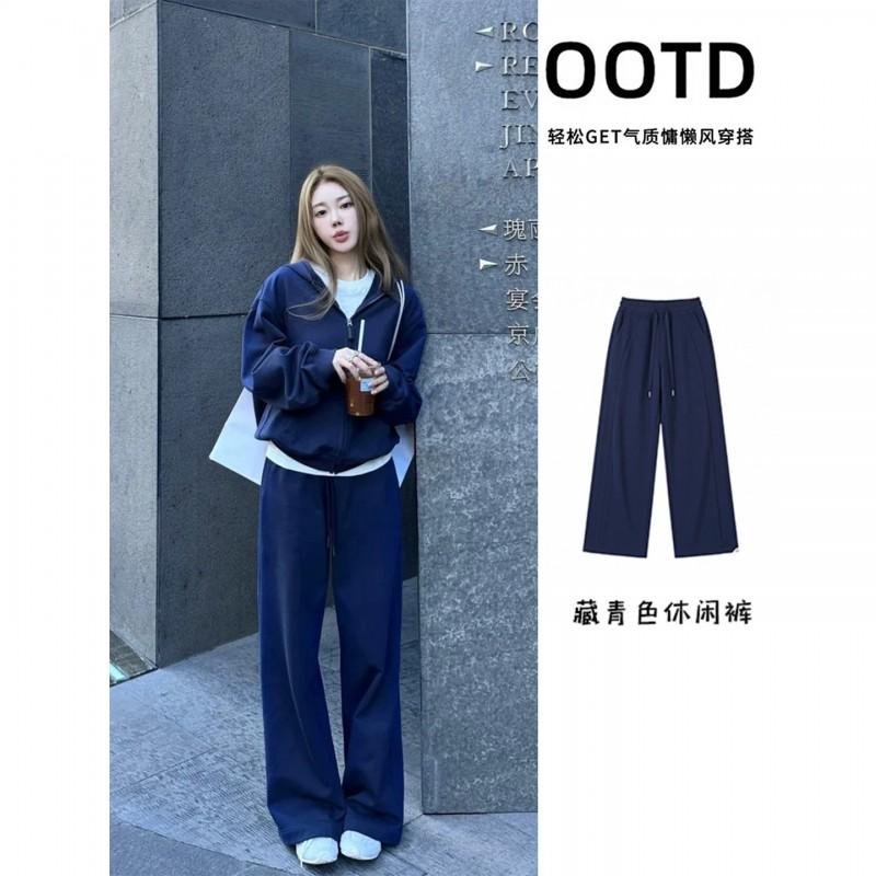 Womens Navy Blue Hooded Sweatshirt Set Casual Korean Style 3-Piece Outfit With Long Sleeve Top Straight Leg Pants Base Layer