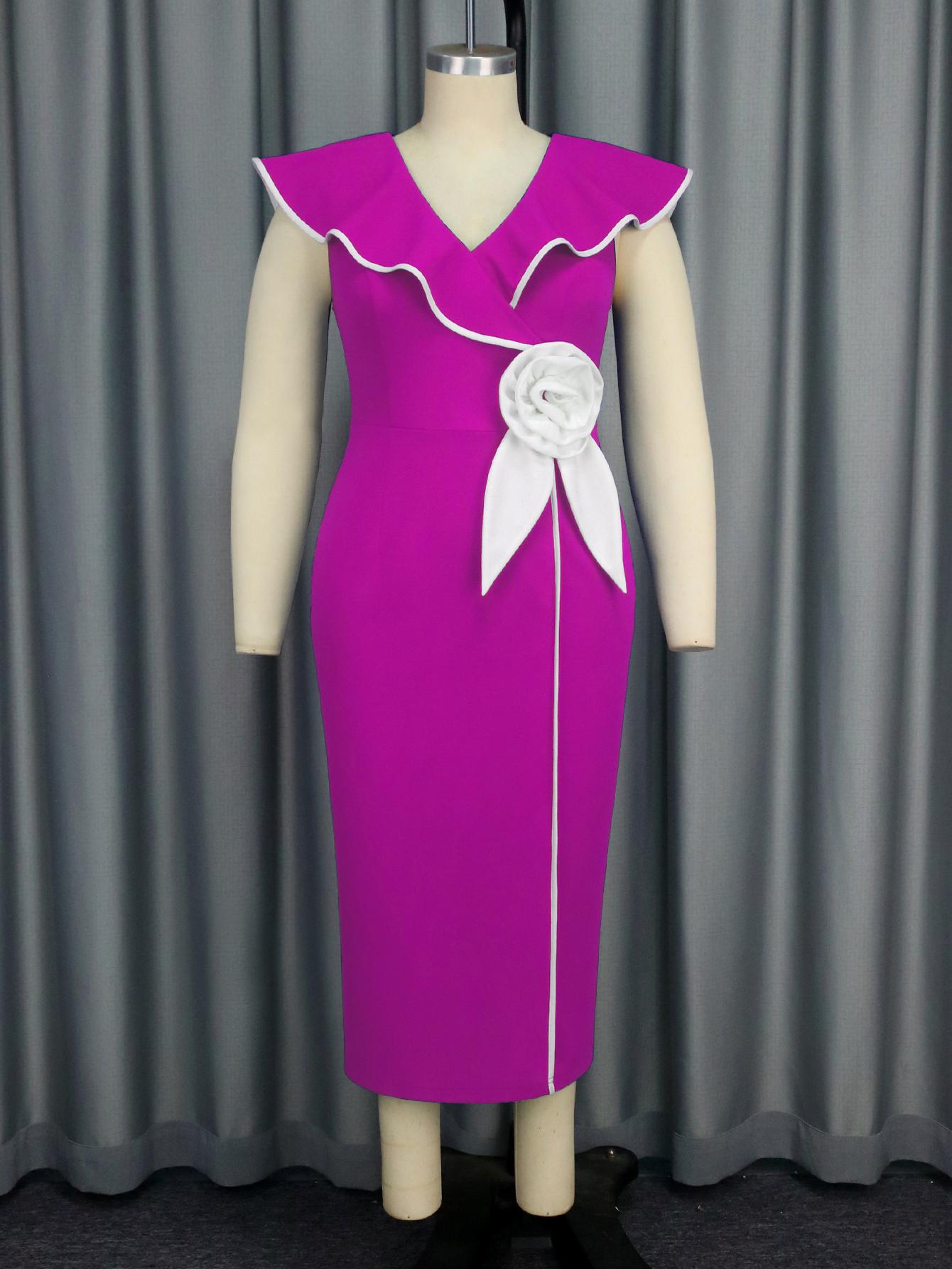 

AOMEI Elegant Women Long Dresses V Neck 3D Flower Bodycon Sleeveless Midi Outfits 4XL рожевий