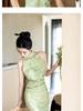 2026 Summer Green Sleeveless Cheongsam: Slimming Off-Shoulder, Waist-Cinching Halter Dress