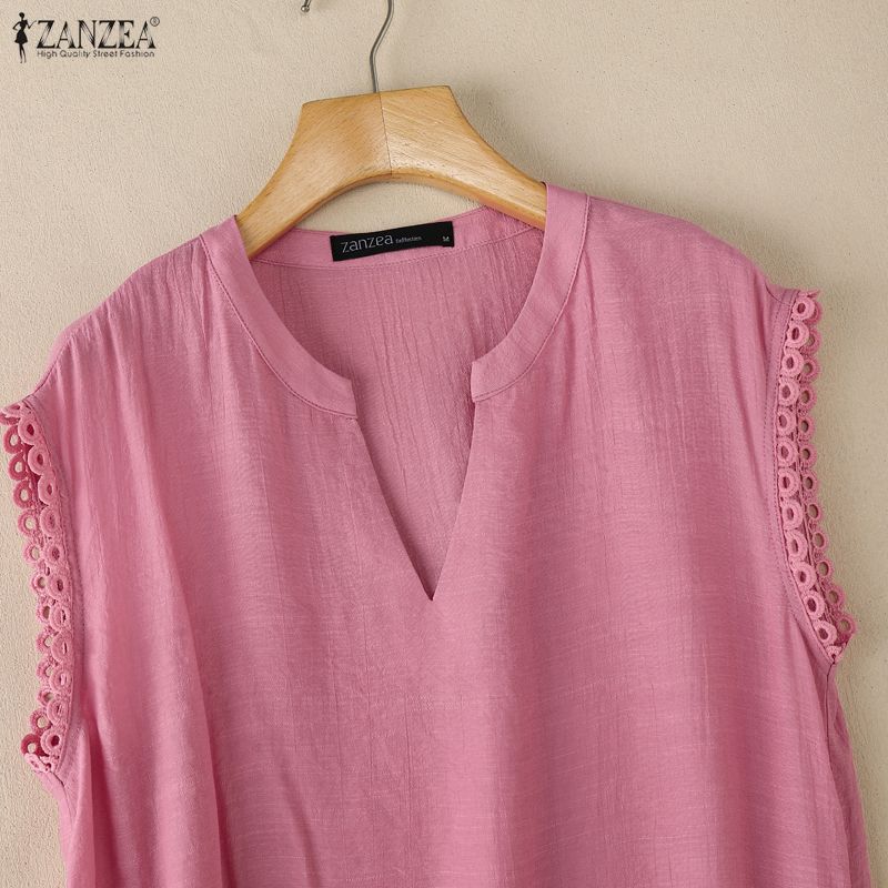 ZANZEA Blusa Casual da Donna con Scollo a V, Colore Unito, Vestibilità Larga, Inserti in Pizzo, Manica Corta
