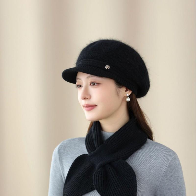 Warm Knit Beanie Hat Women Seniors Rabbit Fur Blend Winter Cap With Adjustable Fit Short Brim