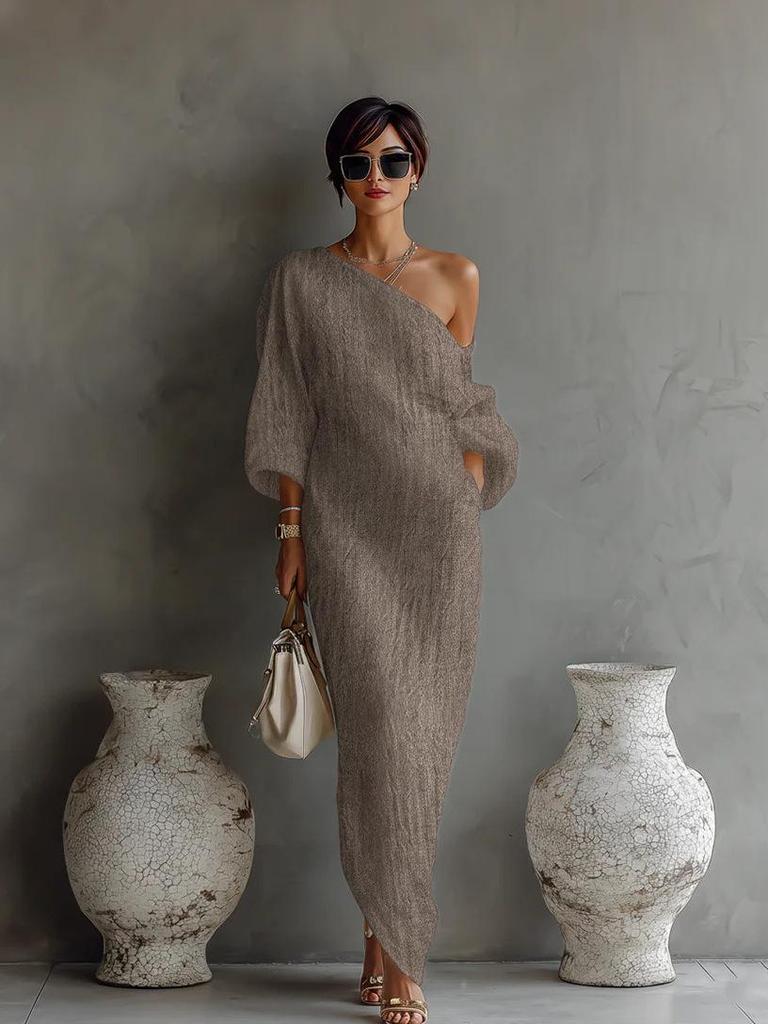 European Spring/Summer Women's Off-the-Shoulder Long Sleeve Midi Dress
