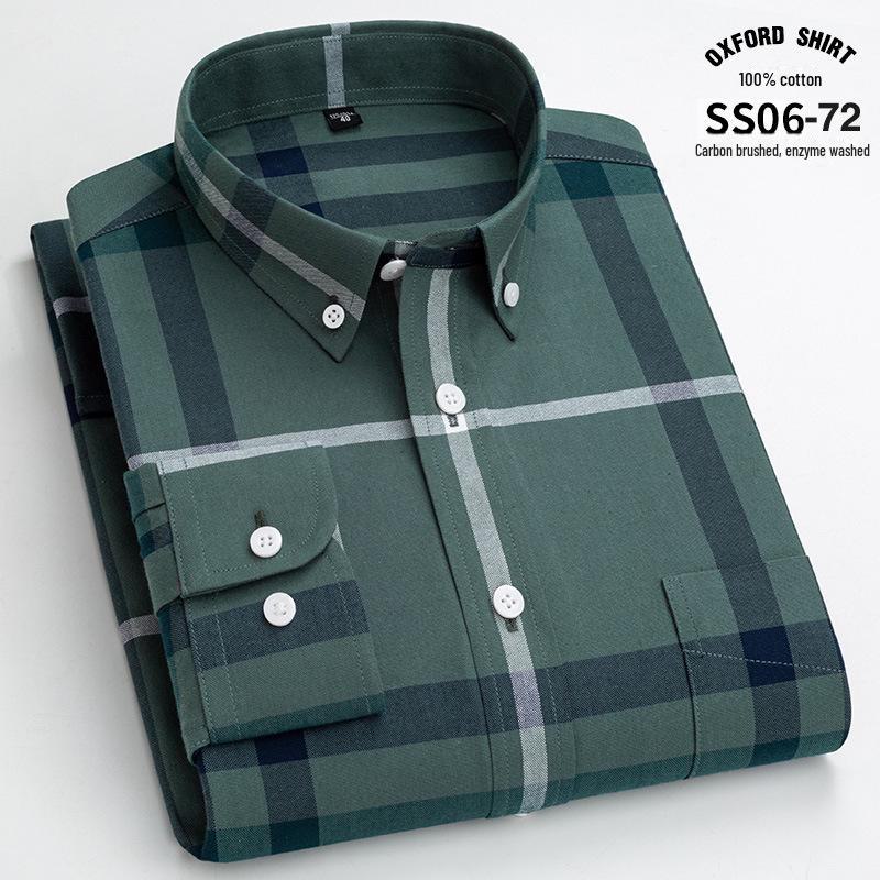 Men's Long-Sleeve Cotton Oxford Plaid Stripe Shirt - Business Casual