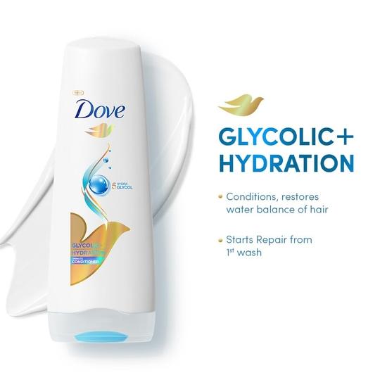 DOVE Glycolic + Hydration Floral Conditioner For Dry Hair 175 Ml With 5% Hydra-Glycol For Upto 100 Hours Of Hydrated, Fluid Hair., 1 Count