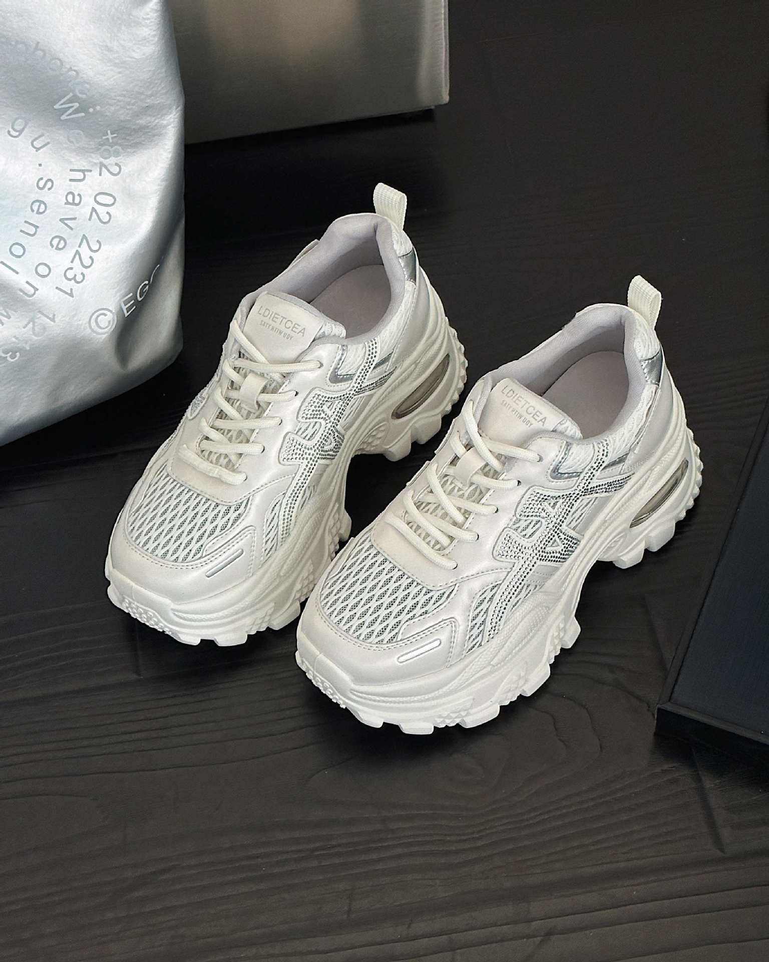 

Rhinestone dad shoes women s new summer breathable mesh versatile thick-soled heightening sports and leisure shoes 35 бежевый