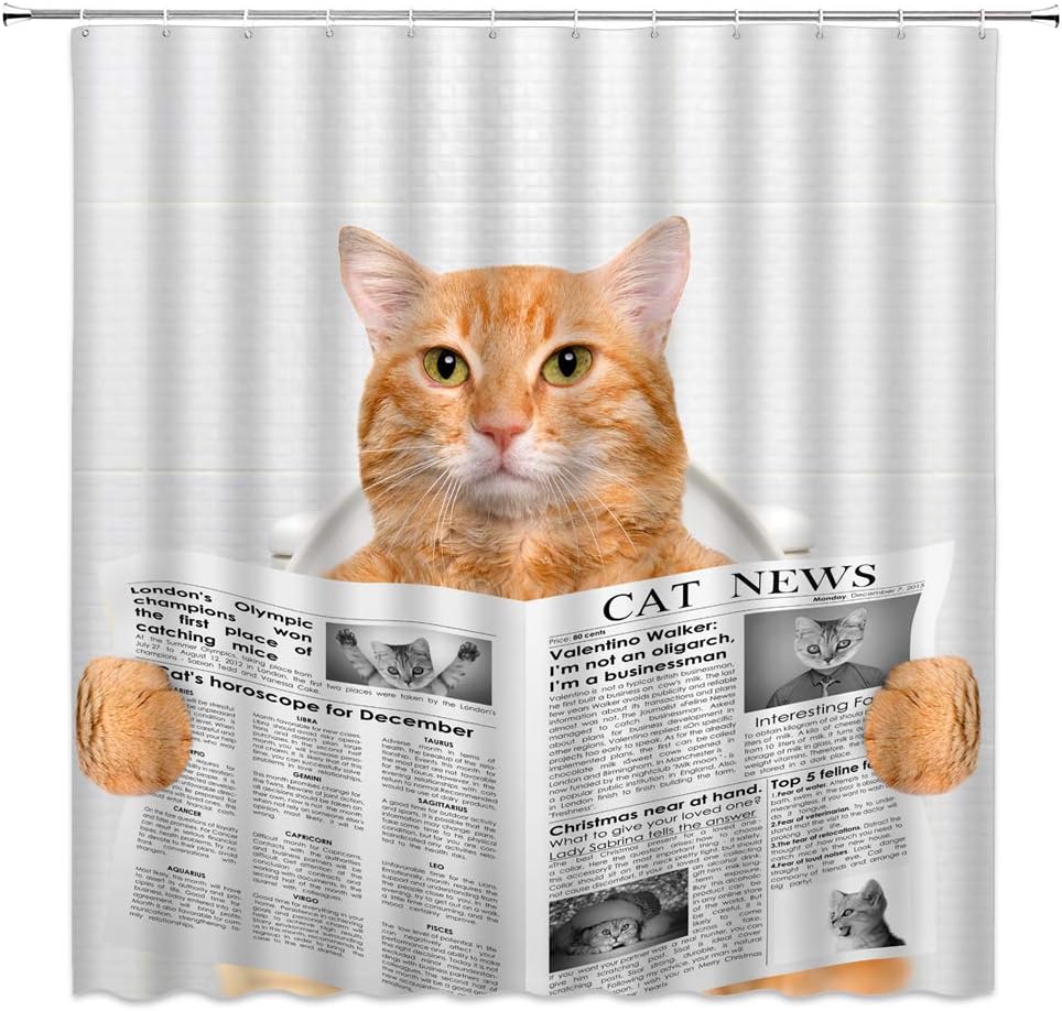 Cat Shower Curtain Blue Teal Rustic Farmhouse Floral Lovely Cat Kitten Funny Aniaml for Pet Lover Bathroom Decor Fabric Curtain