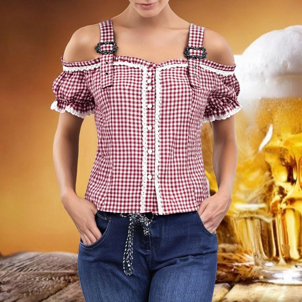 Traditional Women's Casual Short-Sleeve Plaid Shirt Beer Festival