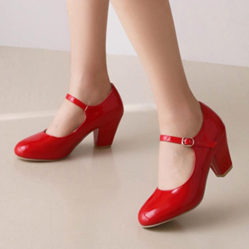 Women's Block High Heels Pumps Big Size 45 Lolita Mary Jane Shoes Elegant Black Red Pink Blue Heeled Office Wedding Shoes Ladies