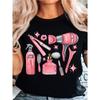 Women's Black & Pink Salon T-Shirt with Beauty Icons (Hair Dryer, Scissors, Nail Polish, Blow Dryer) - Cosmetology Workwear Top
