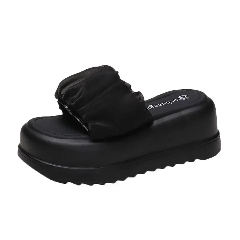 

Летние женские кружевные шлепанцы на толстой подошве, пляжные шлепанцы, туфли на танкетке, женские шлепанцы на высокой платформе, уличные сандалии, 7 см, шлепки 34 чёрный