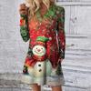 Women's Christmas Printed Dress Loose V-neck Casual Long Sleeved Dress