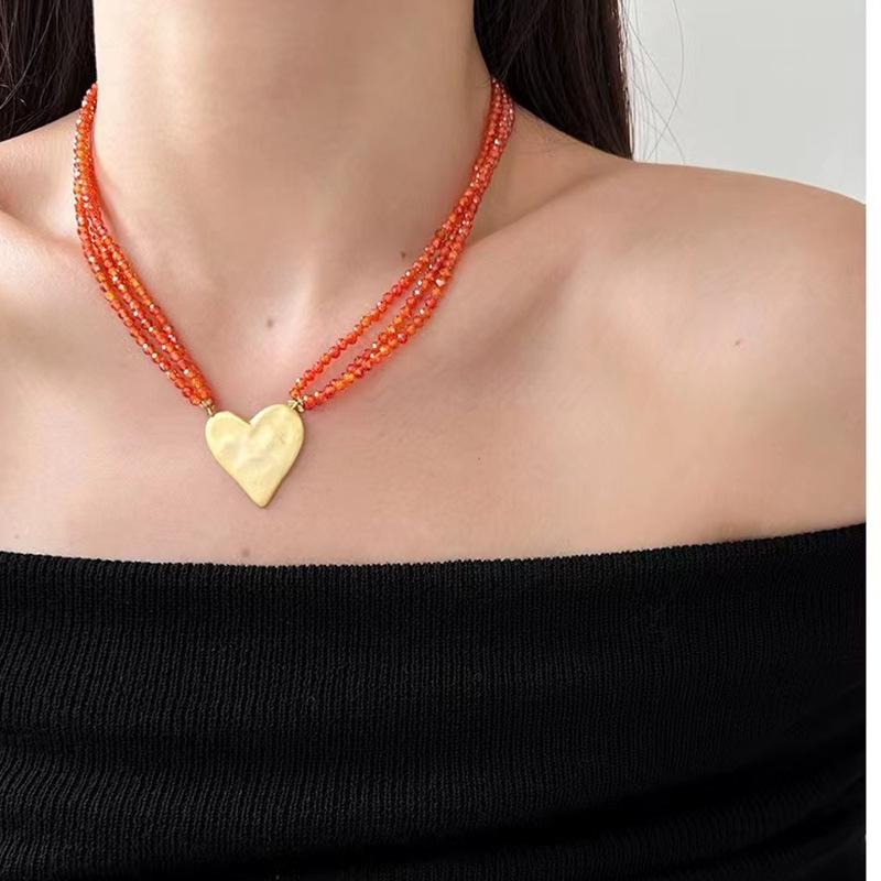 

Romantic French Orange-Red Crystal Heart Pendant Choker