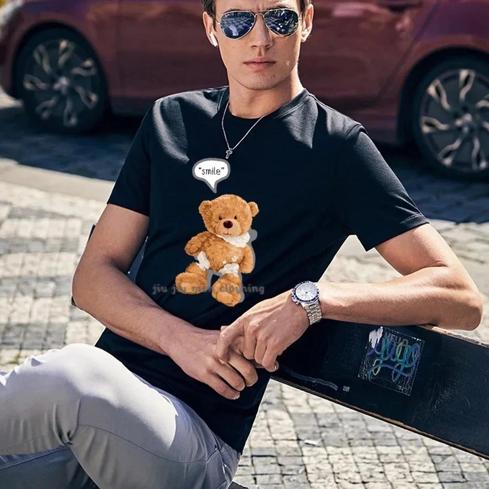 Funny Cartoon Bear Summer Men T Shirt High Quality Short Sleeve Cotton Unisex Birthday Gift Lover T-shirts Streetwear Tees L чёрный