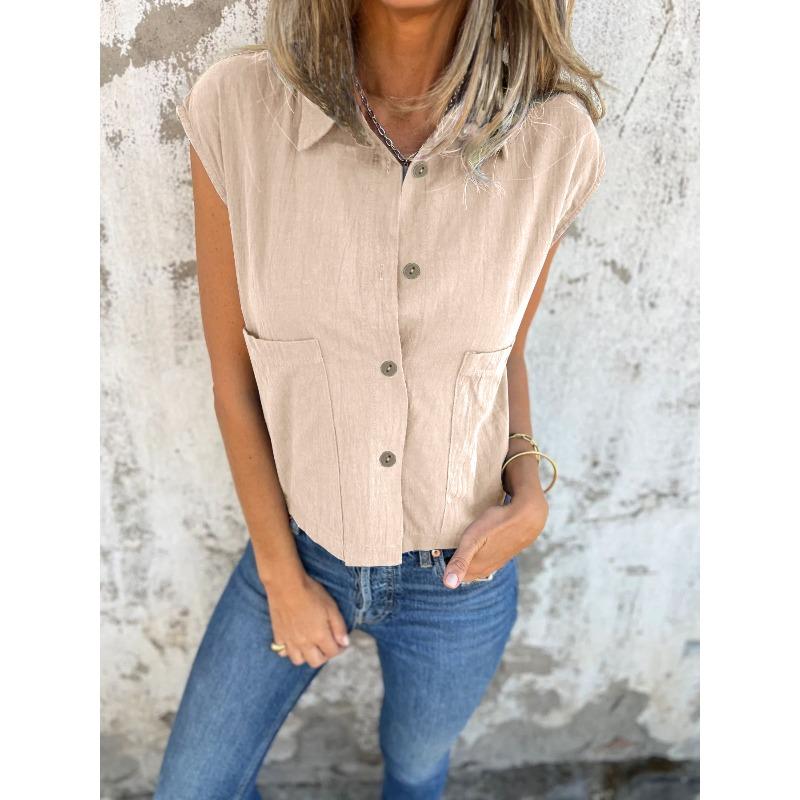Summer Blouses Collar Loose Pocket Short Sleeved Women's Shirts Solid Color Fashion Shirt Top