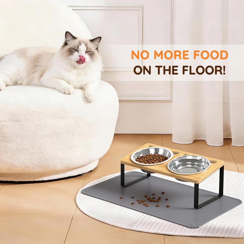 Cat Food Bowls with Wooden Stand 2 Stainless Steel Bowls for Cats Elevated Cat Bowls Pet Feeder 15° Tilted Raised