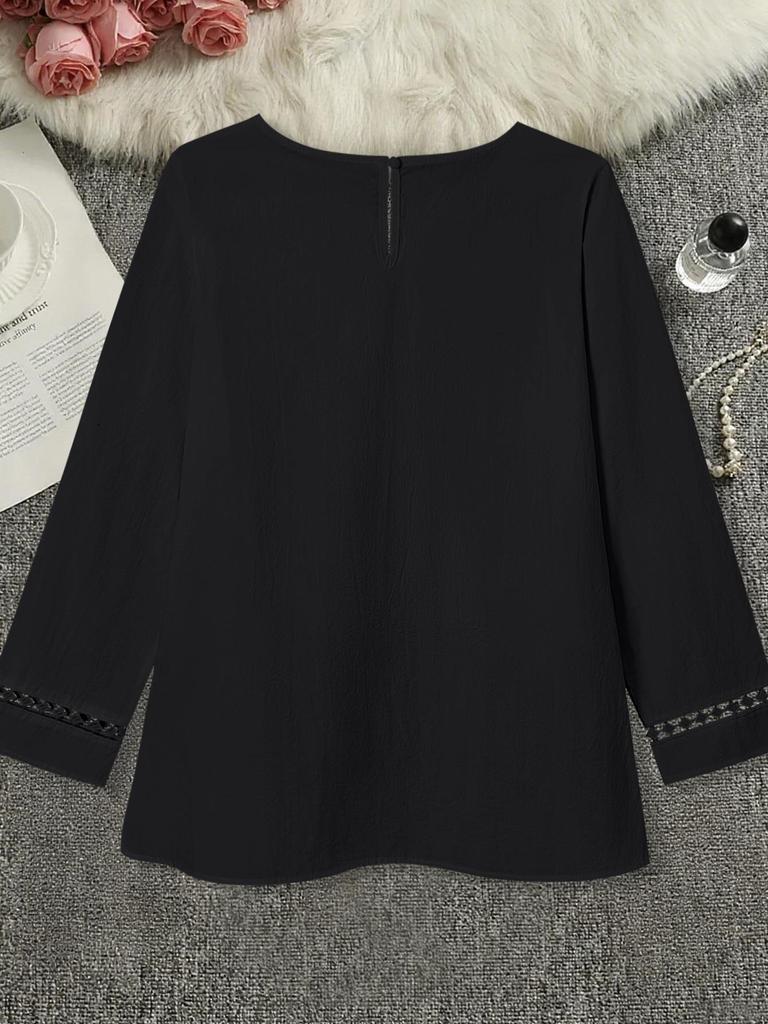 2025 Women's Semi-Transparent Solid Color Round Neck Hollow Long Sleeve Loose Cotton Shirt - Middle Eastern Style