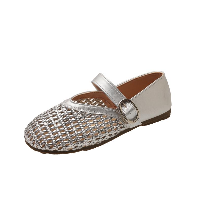 2025 Women's Mary Jane Shoes Round Toe Flat Sole One-length Strip Mesh Woven Hollow Shoes French Retro Summer Breathable Sandals