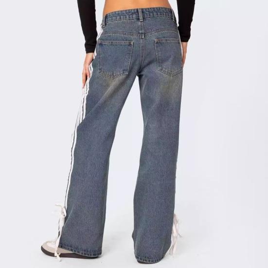 Women's Side Striped Bow Tie Jeans Boyfriend Low Rise Baggy Denim Pants Casual Straight