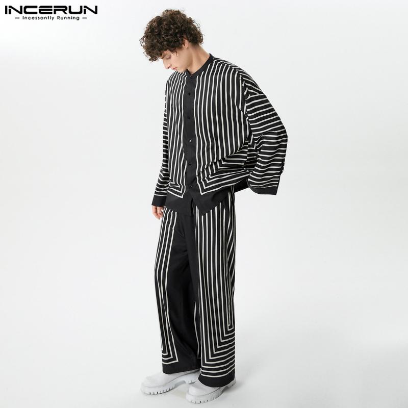 INCERUN Two Piece Suit Men Long Sleeve Casual Baggy Striped Tops And Long Pants Homewear