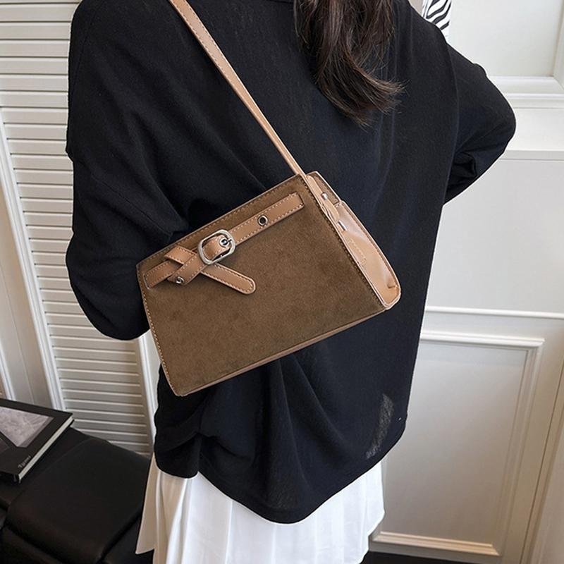 Yogodlns Retro Suede One Shoulder Bags for Women Early Autumn Square Frosted Solid Zipper Crossbody Bag Versatile Commute Handbags