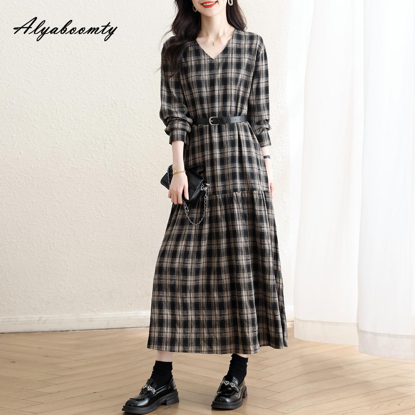 

Женское винтажное миди-платье больших размеров на весну-осень, с V-образным вырезом, в клетку, повседневное, свободное, с оборками, в стиле ретро, с длинным рукавом, элегантное платье с поясом XXL