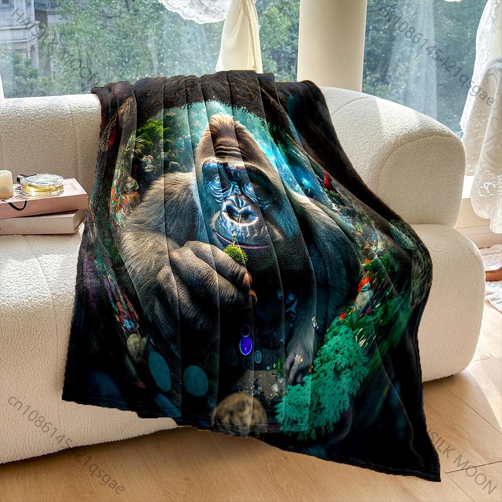 Gorilla Surrounded By Lush Greenery Pattern Blanket Flannel Material Soft Warm for All Seasons, Home Outdoor Camping Picnics RV
