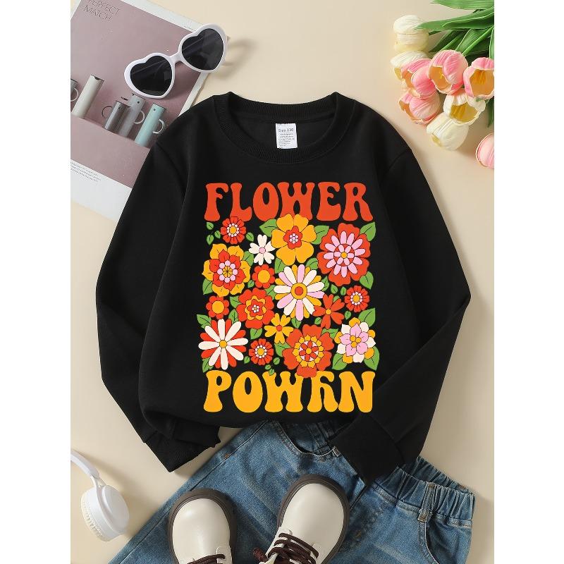 European sizes Girls Crew Neck Sweatshirt Retro Flower Power Vintage Floral Print, Soft Cozy Pullover, Warm Casual Outfit