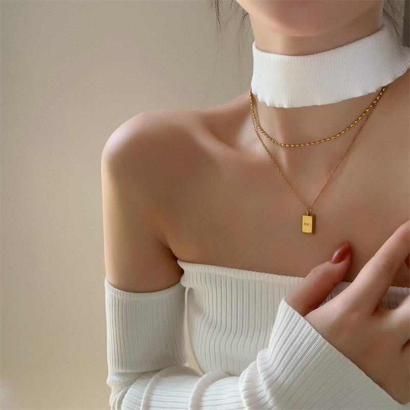 Retro Double Layer Gold-Plated Titanium Square Pendant Necklace for Women