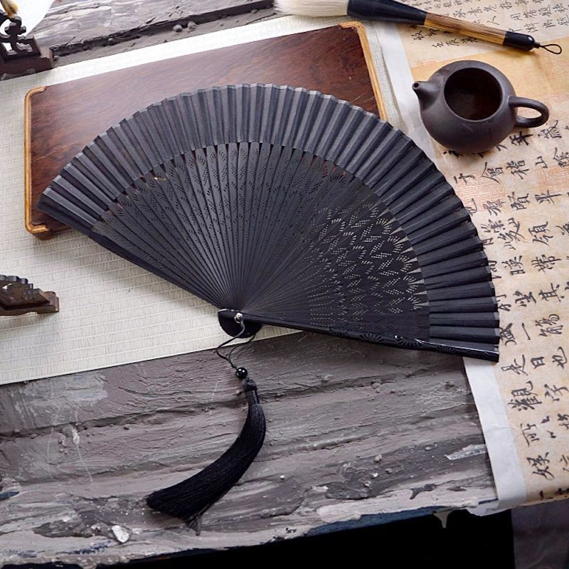 Chinese Bamboo Hand Fan Ventilador Portable Vintage Folding Black Silk Fan Classical Men Women Performance Prop Hand Fan